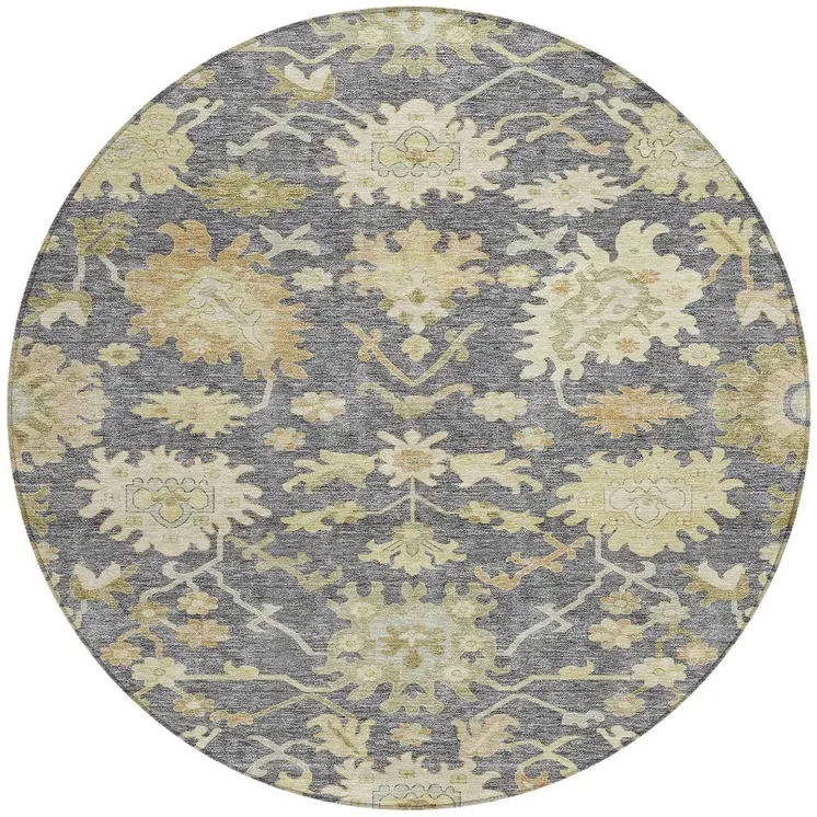 8' Gray Ivory And Green Round Floral Washable Indoor Outdoor Area Rug