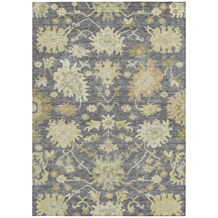 10' X 14' Gray Ivory And Green Floral Washable Indoor Outdoor Area Rug