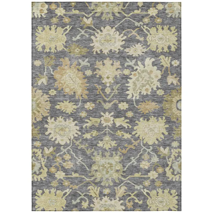 10' X 14' Gray Ivory And Green Floral Washable Indoor Outdoor Area Rug