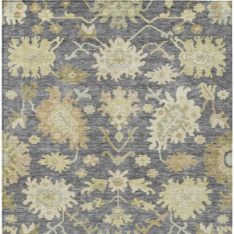 10' X 14' Gray Ivory And Green Floral Washable Indoor Outdoor Area Rug
