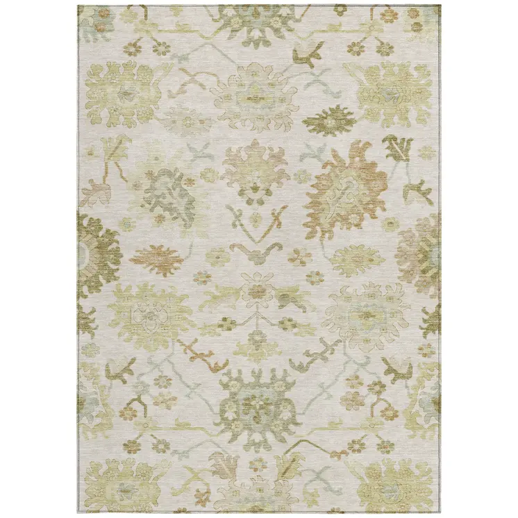 3' X 5' Ivory Green And Tan Floral Washable Indoor Outdoor Area Rug