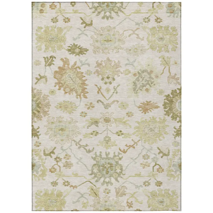 3' X 5' Ivory Green And Tan Floral Washable Indoor Outdoor Area Rug