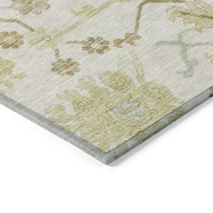 3' X 5' Ivory Green And Tan Floral Washable Indoor Outdoor Area Rug