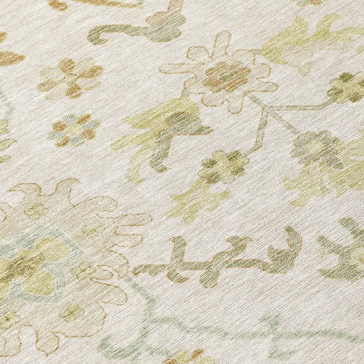 3' X 5' Ivory Green And Tan Floral Washable Indoor Outdoor Area Rug