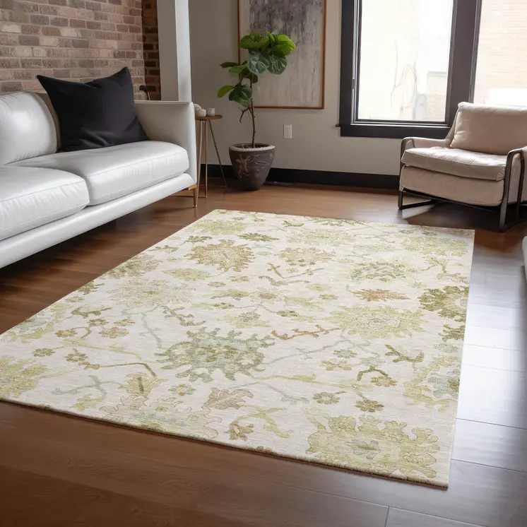 3' X 5' Ivory Green And Tan Floral Washable Indoor Outdoor Area Rug