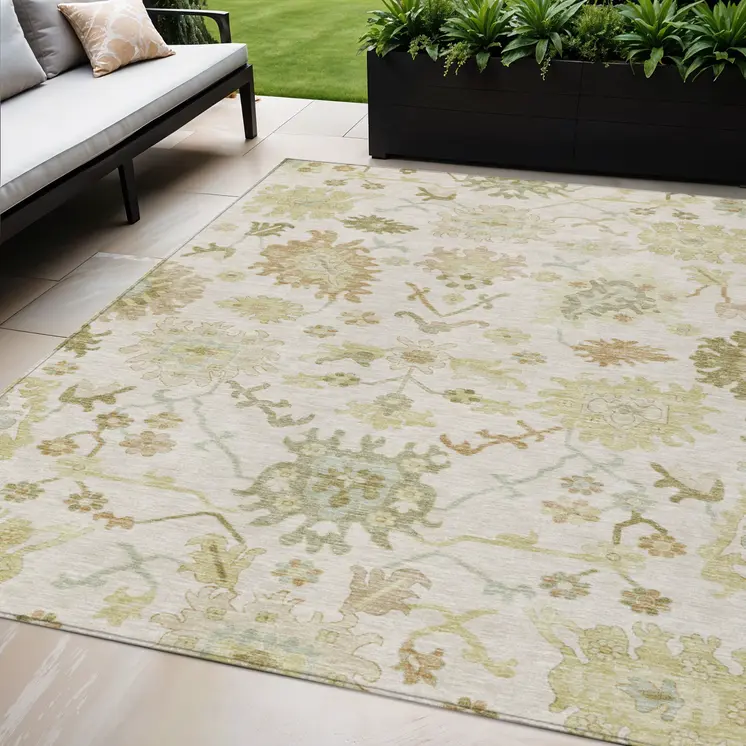 5' X 8' Ivory Green And Tan Floral Washable Indoor Outdoor Area Rug