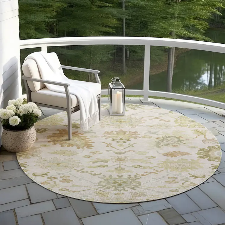 8' Ivory Green And Tan Round Floral Washable Indoor Outdoor Area Rug
