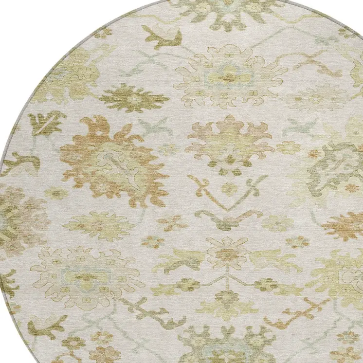 8' Ivory Green And Tan Round Floral Washable Indoor Outdoor Area Rug