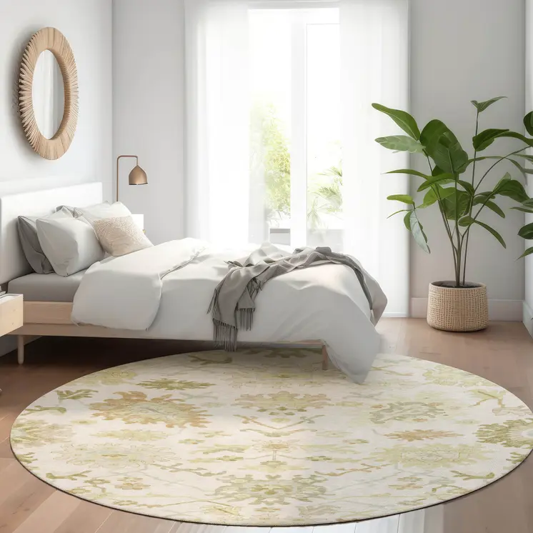 8' Ivory Green And Tan Round Floral Washable Indoor Outdoor Area Rug