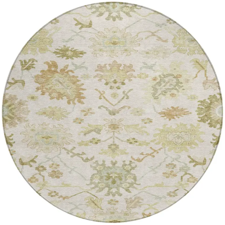 8' Ivory Green And Tan Round Floral Washable Indoor Outdoor Area Rug