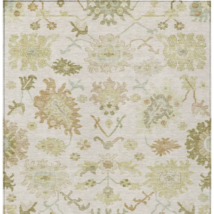 8' X 10' Ivory Green And Tan Floral Washable Indoor Outdoor Area Rug