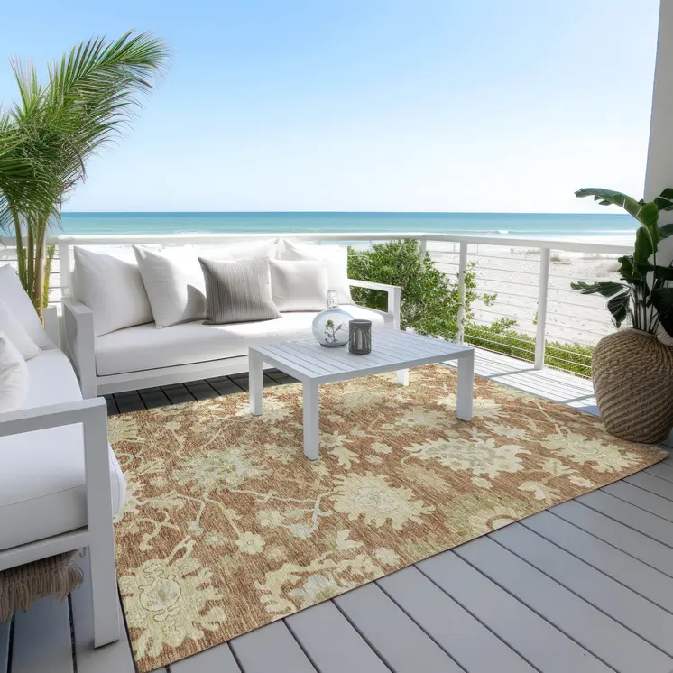 3' X 5' Copper Green And Ivory Floral Washable Indoor Outdoor Area Rug