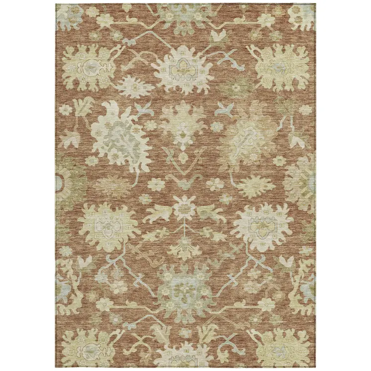 3' X 5' Copper Green And Ivory Floral Washable Indoor Outdoor Area Rug
