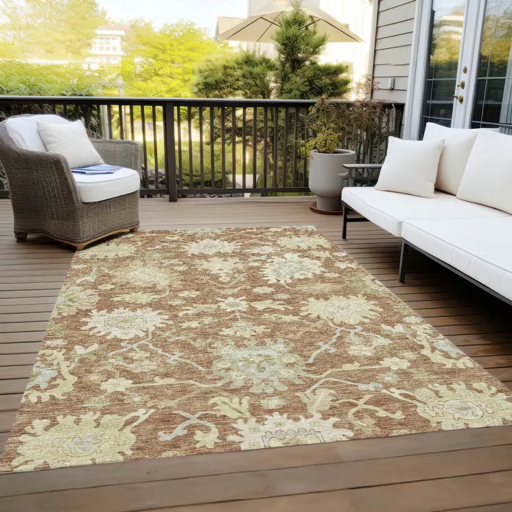 3' X 5' Copper Green And Ivory Floral Washable Indoor Outdoor Area Rug