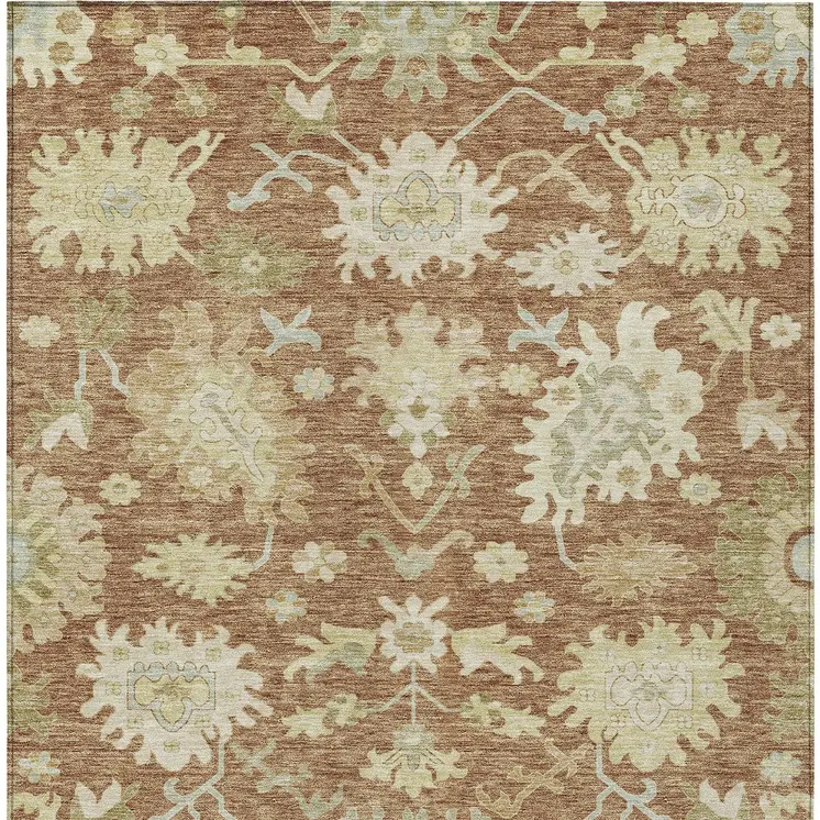 5' X 8' Copper Green And Ivory Floral Washable Indoor Outdoor Area Rug