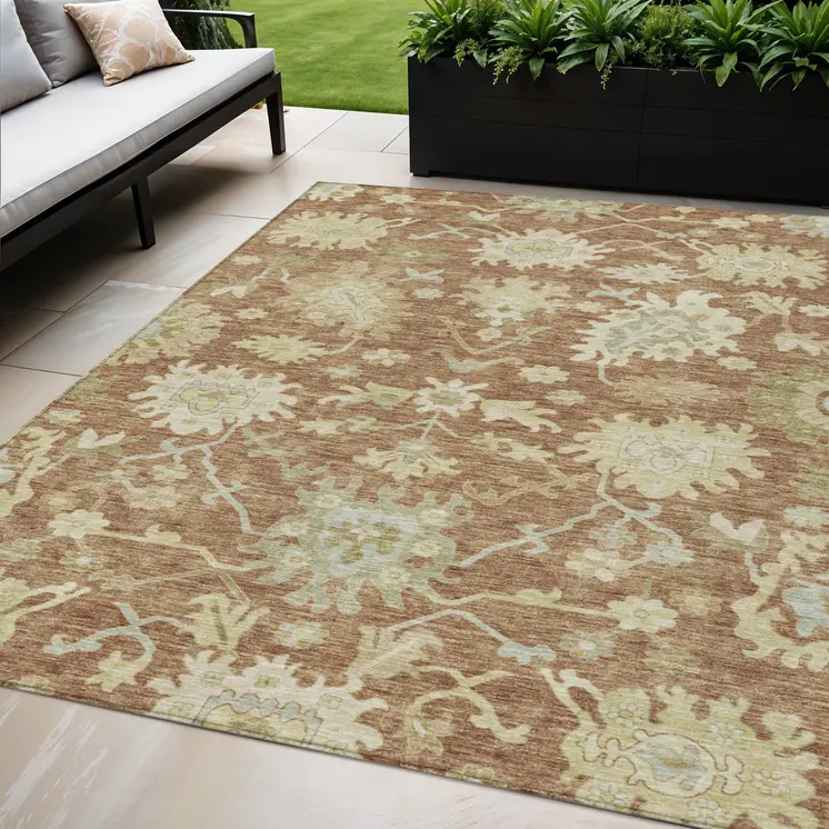 5' X 8' Copper Green And Ivory Floral Washable Indoor Outdoor Area Rug