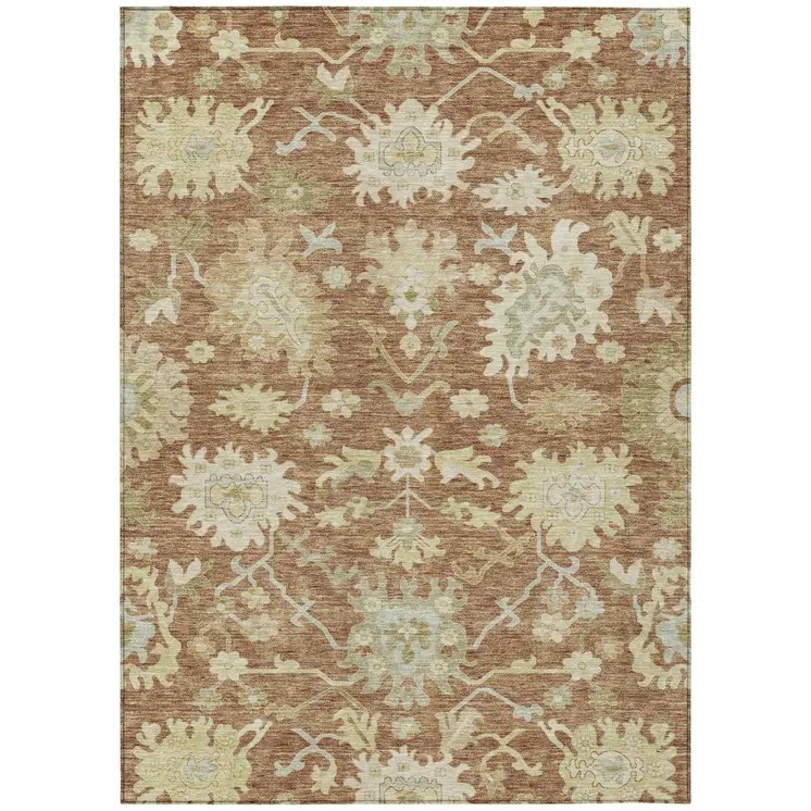 5' X 8' Copper Green And Ivory Floral Washable Indoor Outdoor Area Rug