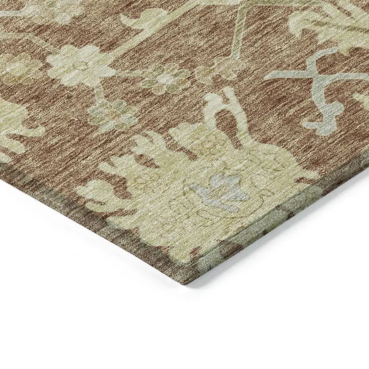 5' X 8' Copper Green And Ivory Floral Washable Indoor Outdoor Area Rug