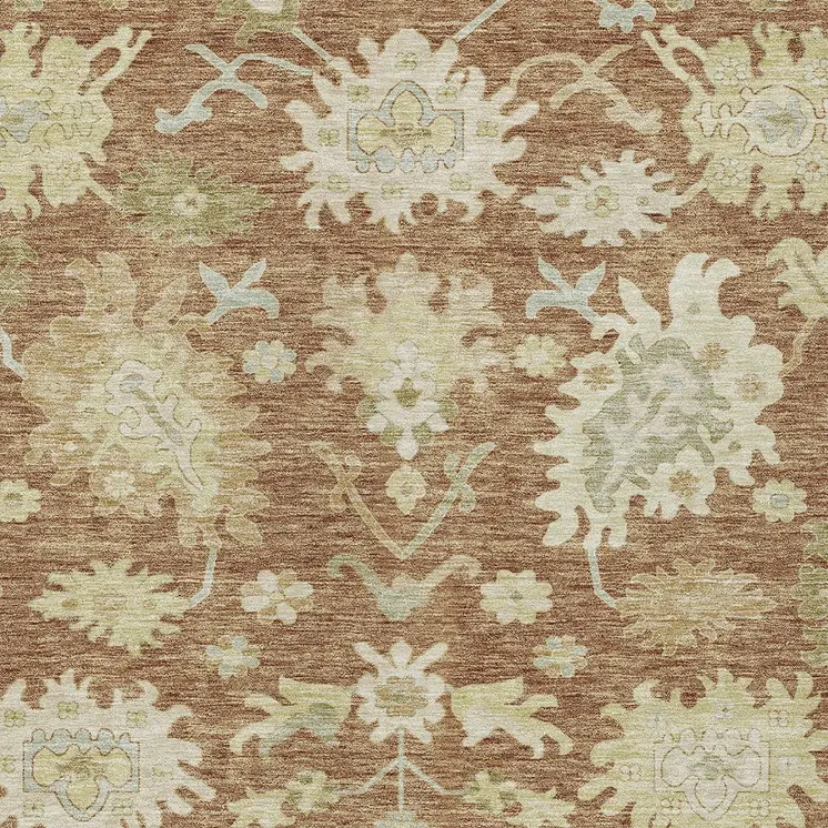5' X 8' Copper Green And Ivory Floral Washable Indoor Outdoor Area Rug