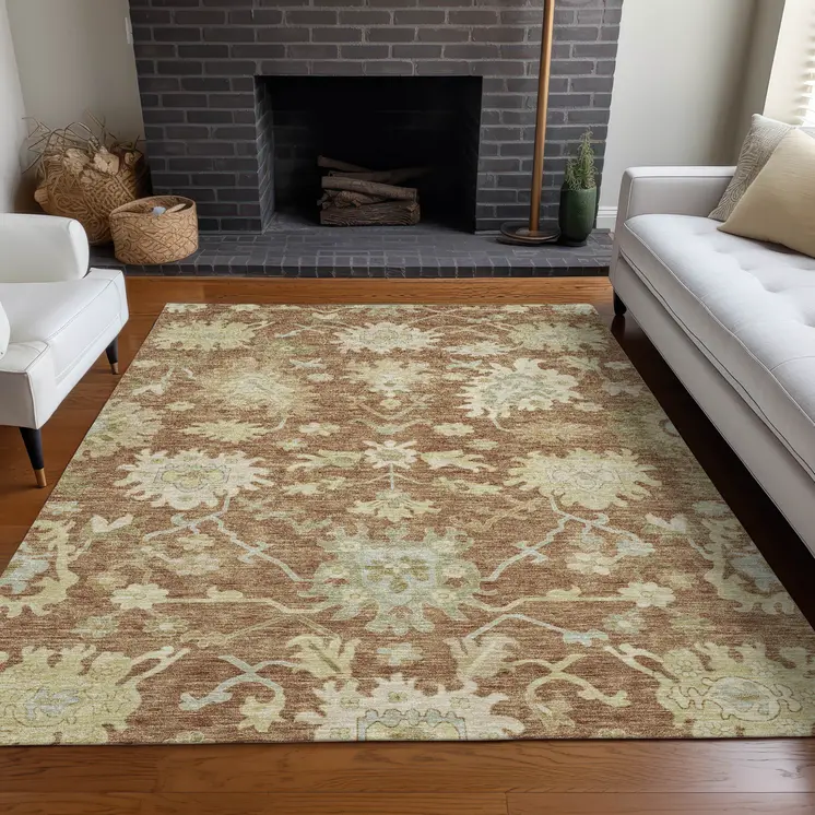 5' X 8' Copper Green And Ivory Floral Washable Indoor Outdoor Area Rug