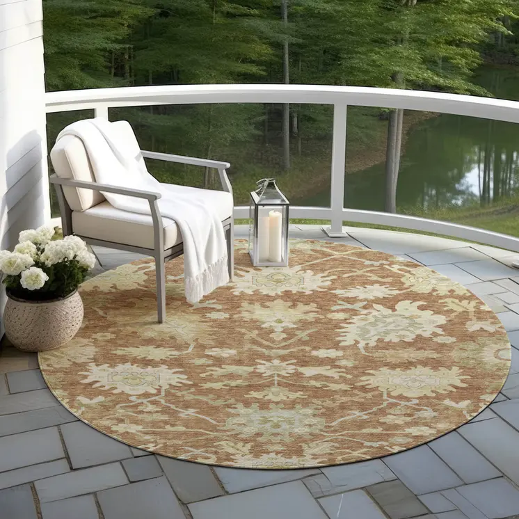 8' Copper Green And Ivory Round Floral Washable Indoor Outdoor Area Rug