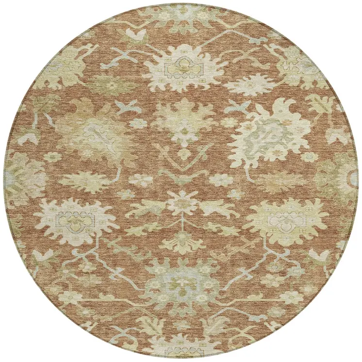 8' Copper Green And Ivory Round Floral Washable Indoor Outdoor Area Rug