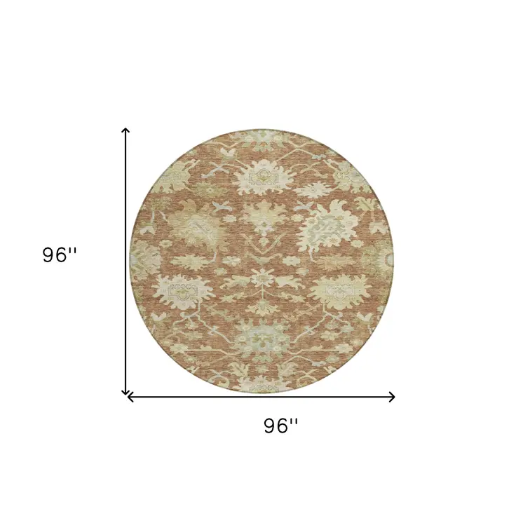 8' Copper Green And Ivory Round Floral Washable Indoor Outdoor Area Rug
