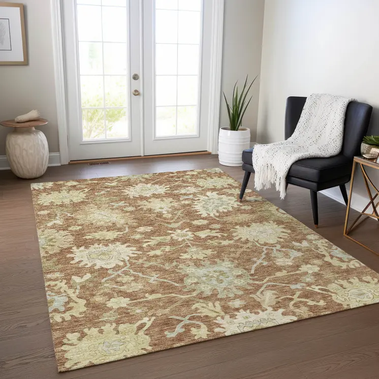 9' X 12' Copper Green And Ivory Floral Washable Indoor Outdoor Area Rug