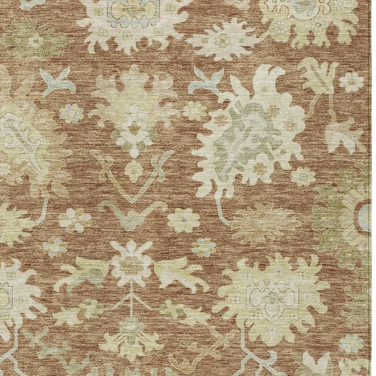 10' X 14' Copper Green And Ivory Floral Washable Indoor Outdoor Area Rug