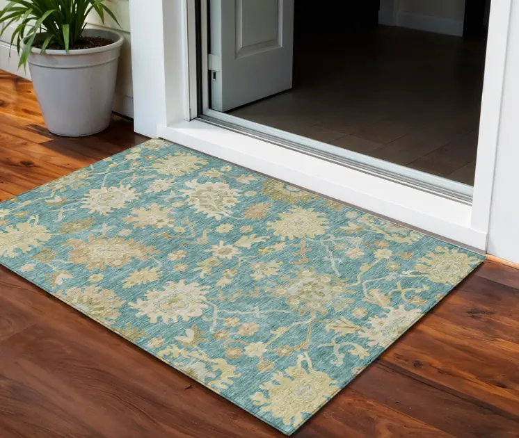 3' X 5' Teal Blue Ivory And Green Floral Washable Indoor Outdoor Area Rug