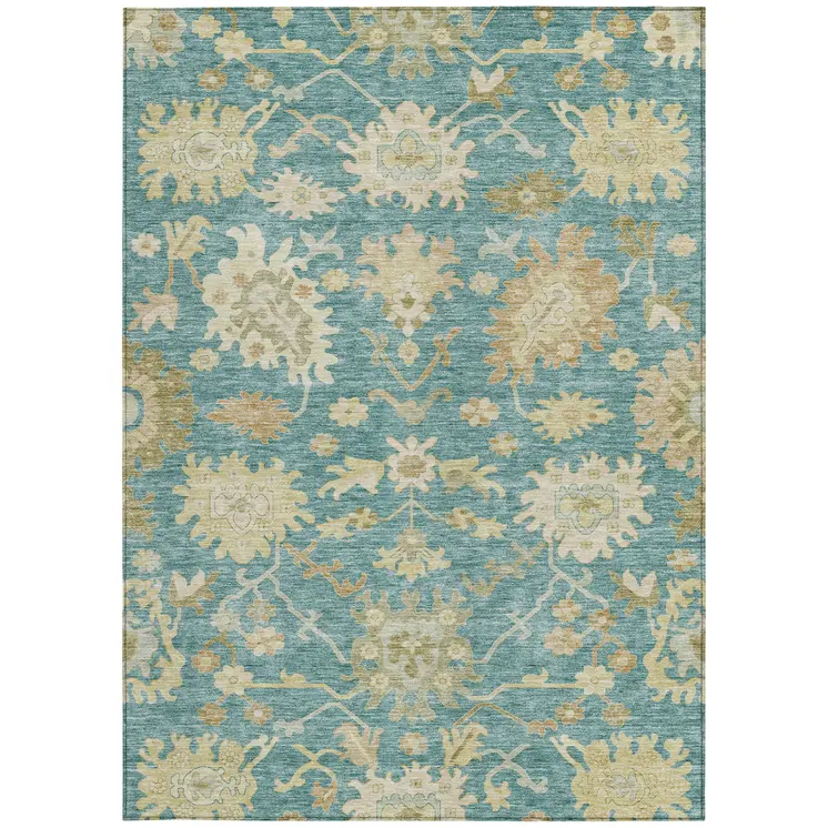 5' X 8' Teal Blue Ivory And Green Floral Washable Indoor Outdoor Area Rug