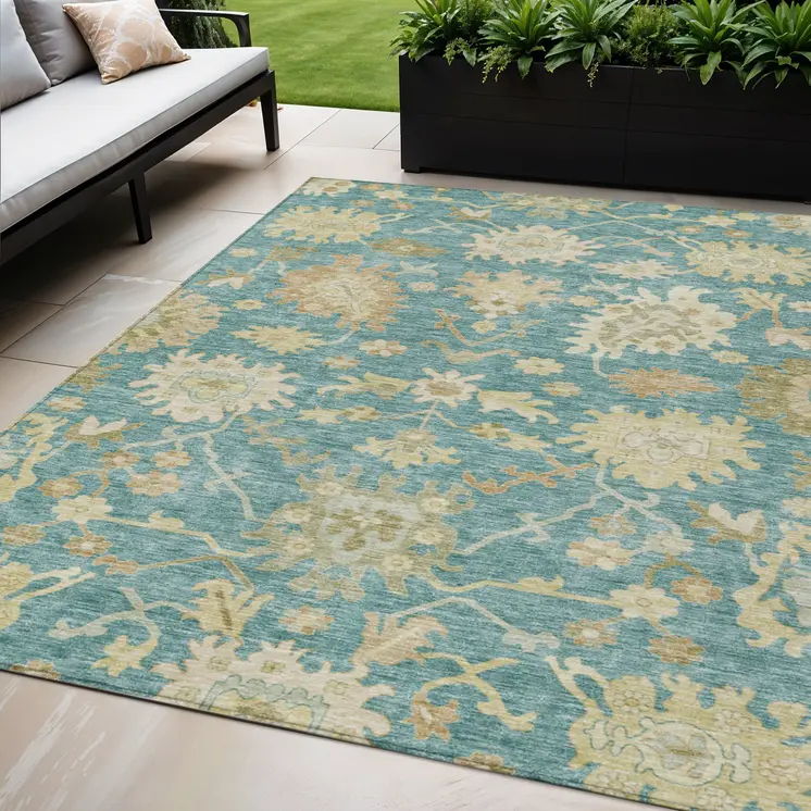 5' X 8' Teal Blue Ivory And Green Floral Washable Indoor Outdoor Area Rug