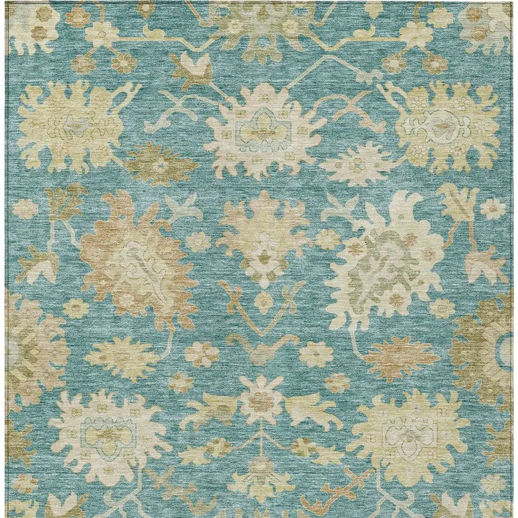 5' X 8' Teal Blue Ivory And Green Floral Washable Indoor Outdoor Area Rug