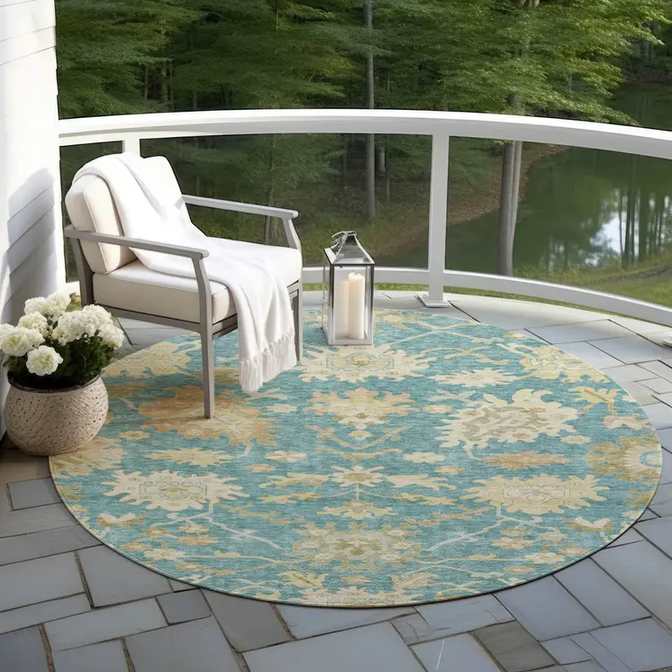 8' Teal Blue Ivory And Green Round Floral Washable Indoor Outdoor Area Rug