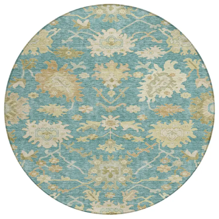 8' Teal Blue Ivory And Green Round Floral Washable Indoor Outdoor Area Rug