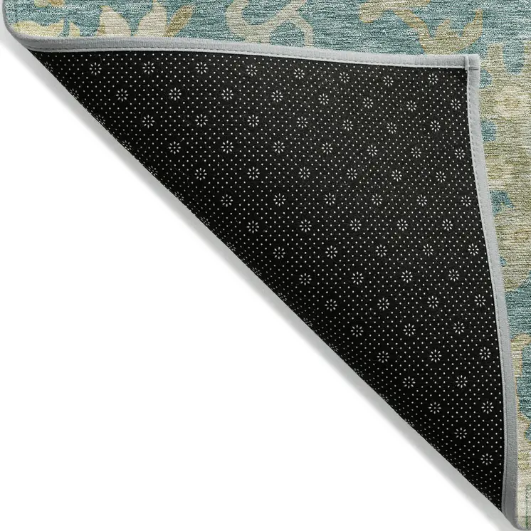 8' Teal Blue Ivory And Green Round Floral Washable Indoor Outdoor Area Rug