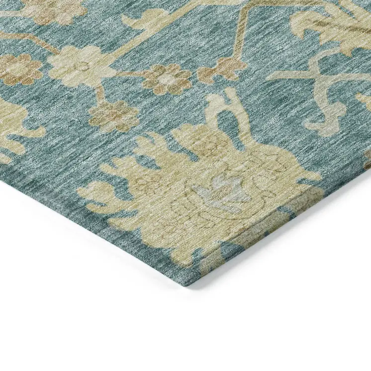 8' Teal Blue Ivory And Green Round Floral Washable Indoor Outdoor Area Rug