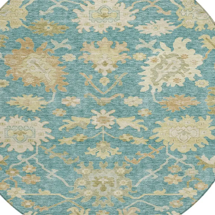 8' Teal Blue Ivory And Green Round Floral Washable Indoor Outdoor Area Rug