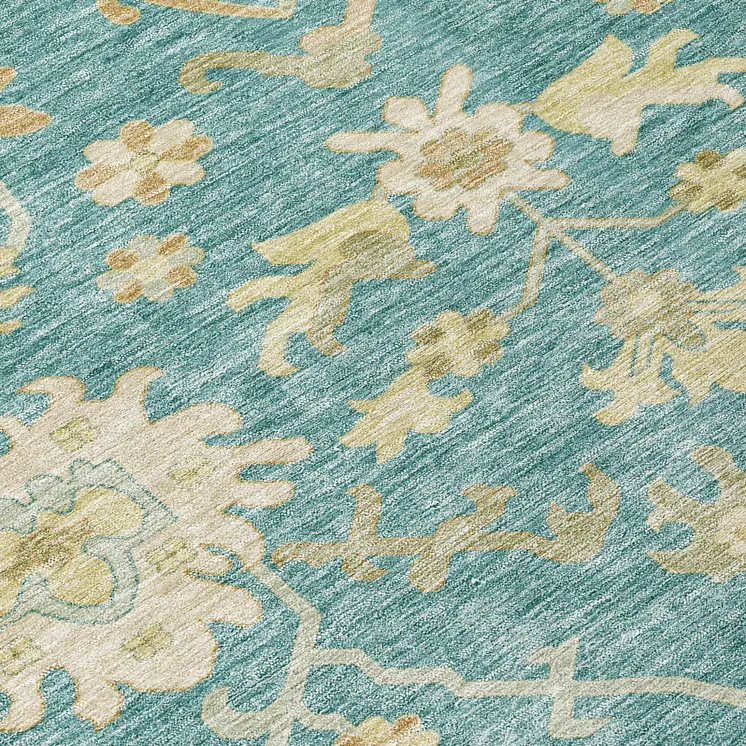 8' Teal Blue Ivory And Green Round Floral Washable Indoor Outdoor Area Rug