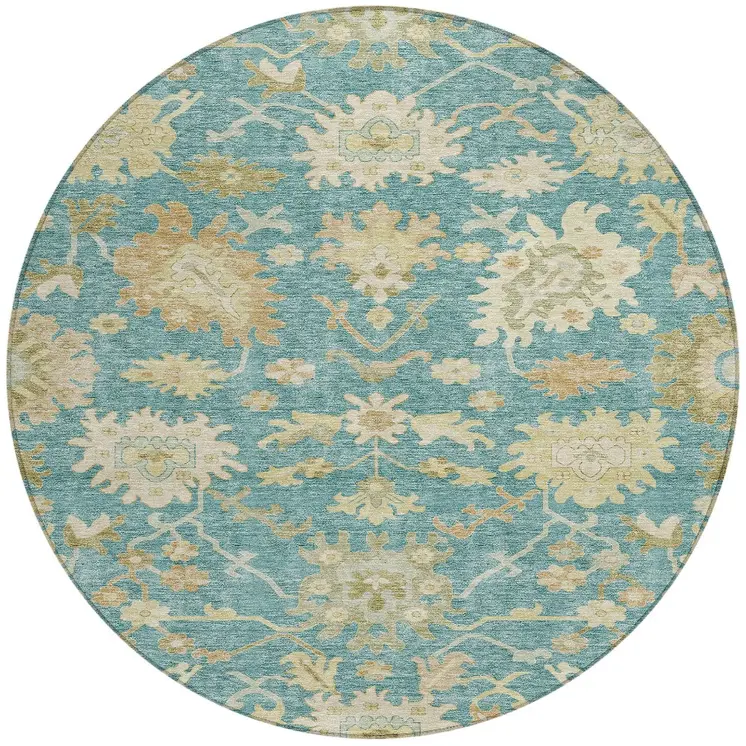 8' Teal Blue Ivory And Green Round Floral Washable Indoor Outdoor Area Rug
