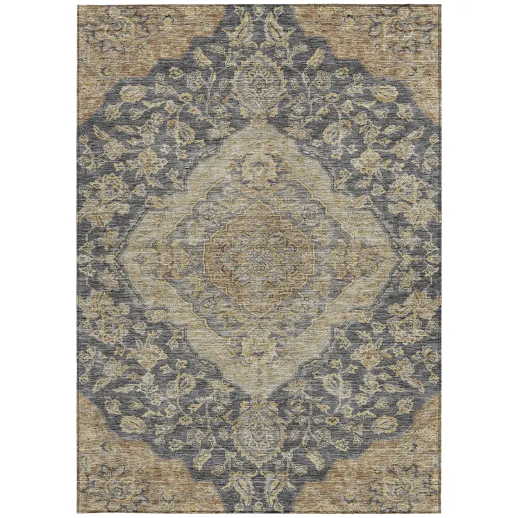 3' X 5' Charcoal Gray And Brown Oriental Washable Indoor Outdoor Area Rug
