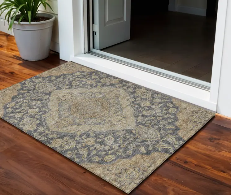 3' X 5' Charcoal Gray And Brown Oriental Washable Indoor Outdoor Area Rug