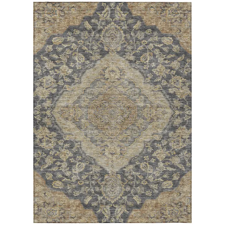 5' X 8' Charcoal Gray And Brown Oriental Washable Indoor Outdoor Area Rug