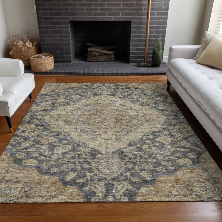 5' X 8' Charcoal Gray And Brown Oriental Washable Indoor Outdoor Area Rug