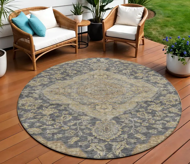 8' Charcoal Gray And Brown Round Oriental Washable Indoor Outdoor Area Rug