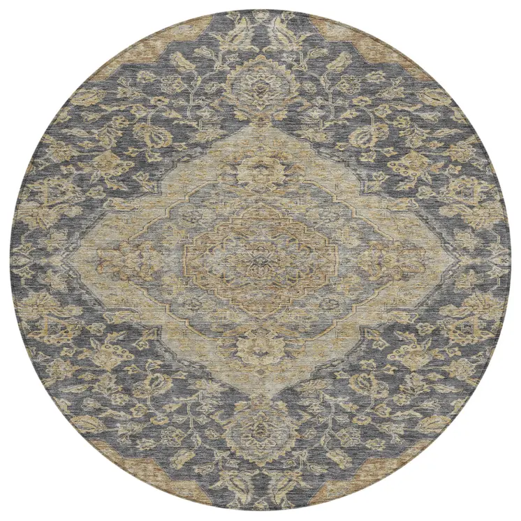 8' Charcoal Gray And Brown Round Oriental Washable Indoor Outdoor Area Rug