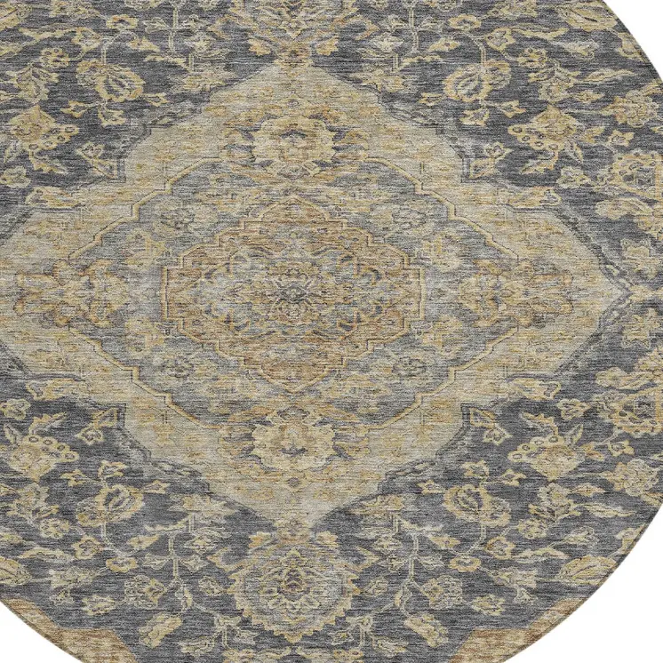8' Charcoal Gray And Brown Round Oriental Washable Indoor Outdoor Area Rug