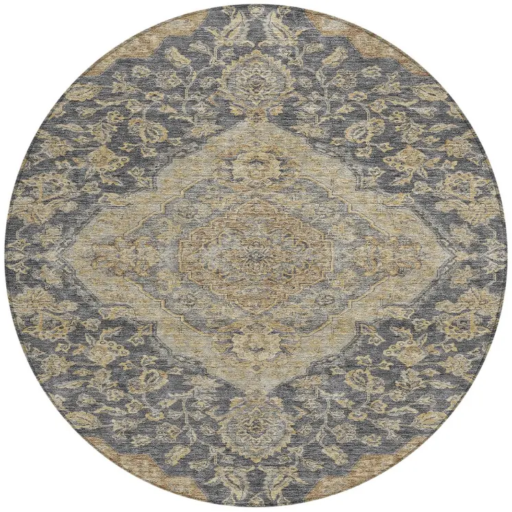 8' Charcoal Gray And Brown Round Oriental Washable Indoor Outdoor Area Rug