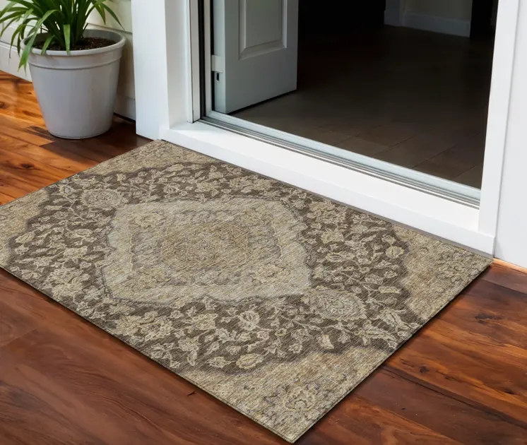 3' X 5' Chocolate Beige And Gray Oriental Washable Indoor Outdoor Area Rug