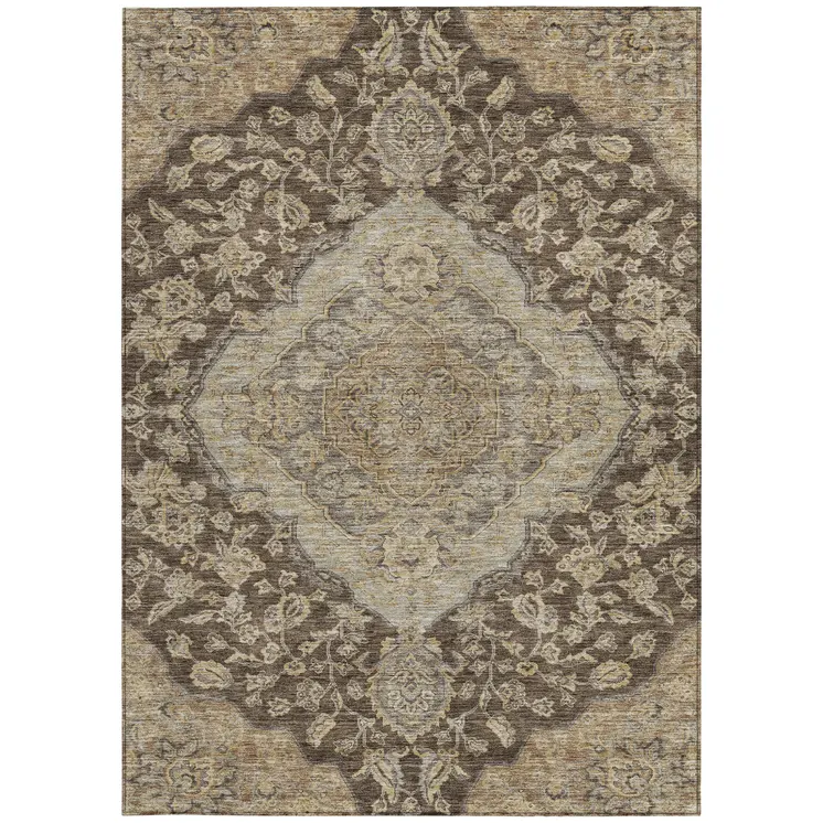 5' X 8' Chocolate Beige And Gray Oriental Washable Indoor Outdoor Area Rug
